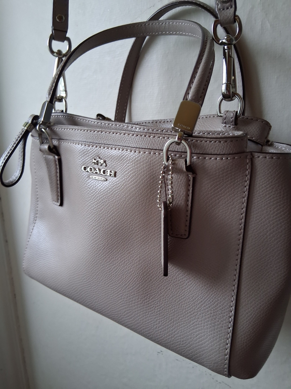 Coach Taupe Leather Crossbody Satchel with Adjustable Strap, Silver Accents